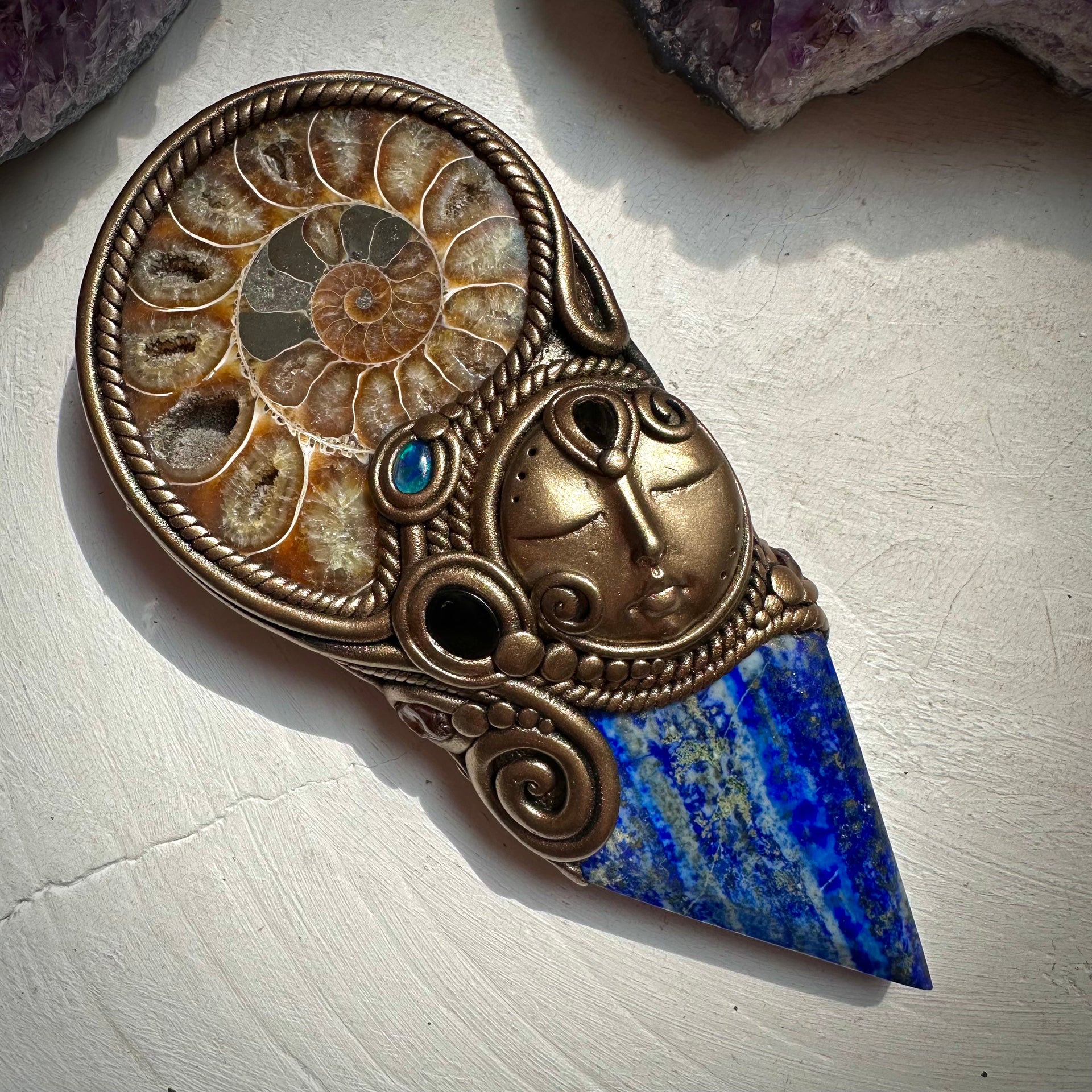 Lapis Lazuli Ammonite Smoky Quartz Black Onyx and Australian Black Opal Goddess Wand - FairyGardenGlow