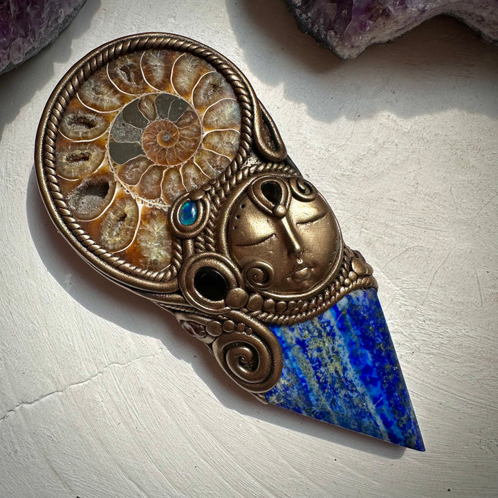 Lapis Lazuli Ammonite Smoky Quartz Black Onyx and Australian Black Opal Goddess Wand - FairyGardenGlow