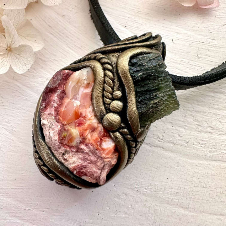 Mexican Fire Opal and Moldavite Pendant Necklace - FairyGardenGlow
