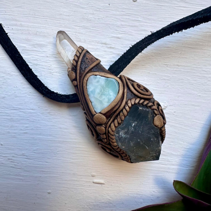 Celestite Clear Quartz and Larimar Necklace, Handmade Crystal Pendant - FairyGardenGlow
