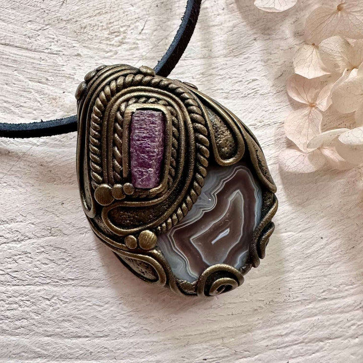 Botswana Agate and Ruby Pendant - FairyGardenGlow