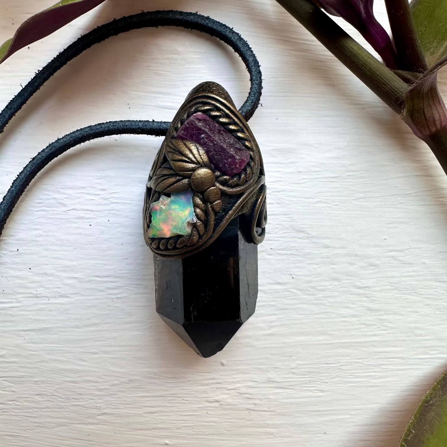 Smoky Quartz Ruby and Raw Opal Necklace - FairyGardenGlow
