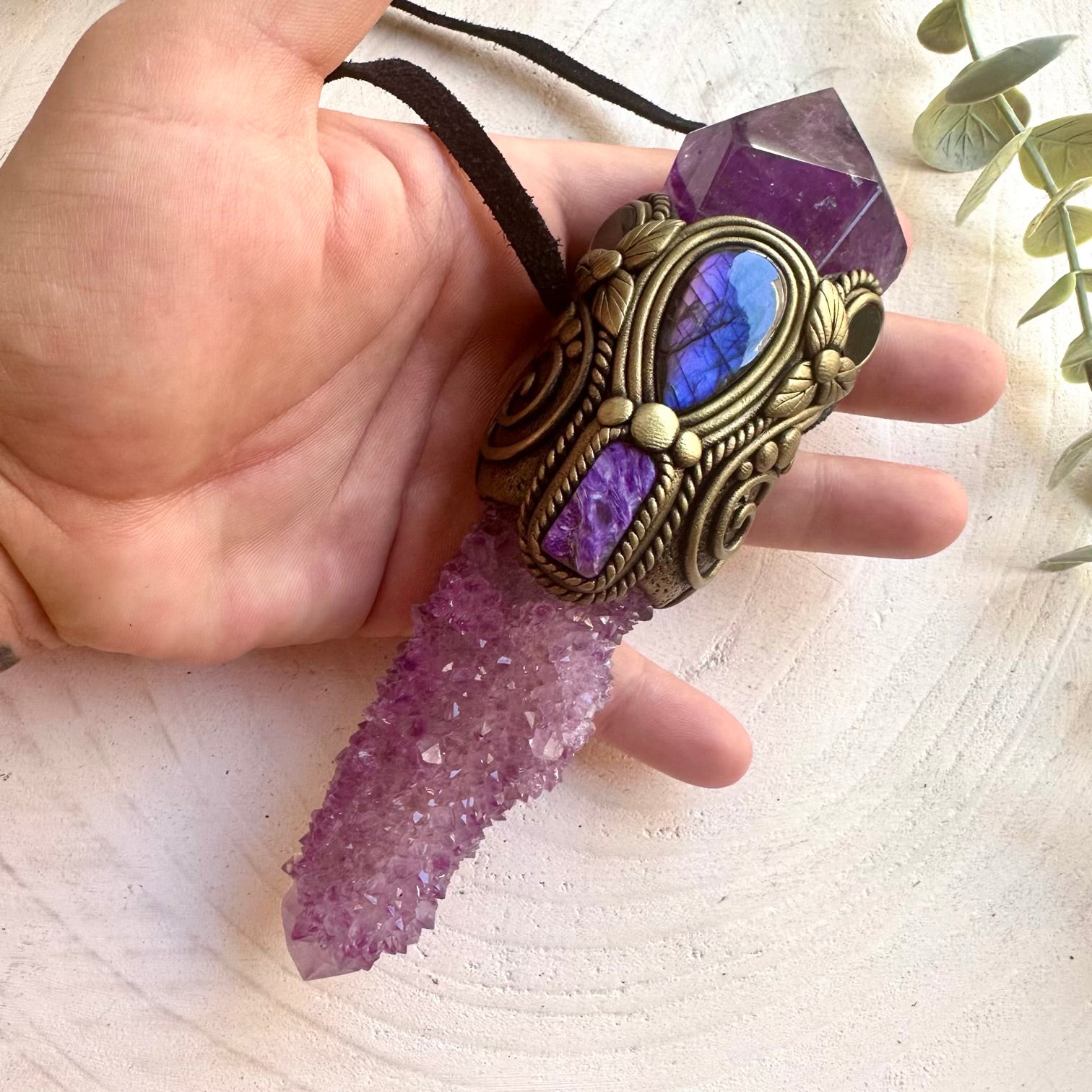 Deep energy healing crystal wand pendant featuring a long Deep Purple Spirit Quartz with Amethyst, Labradorite, Charoite and Black Onyx.