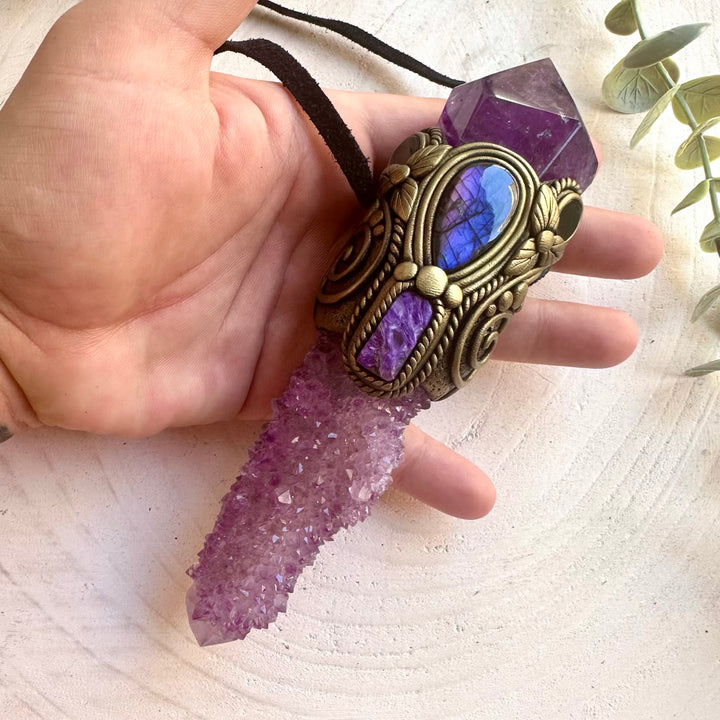Deep energy healing crystal wand pendant featuring a long Deep Purple Spirit Quartz with Amethyst, Labradorite, Charoite and Black Onyx.
