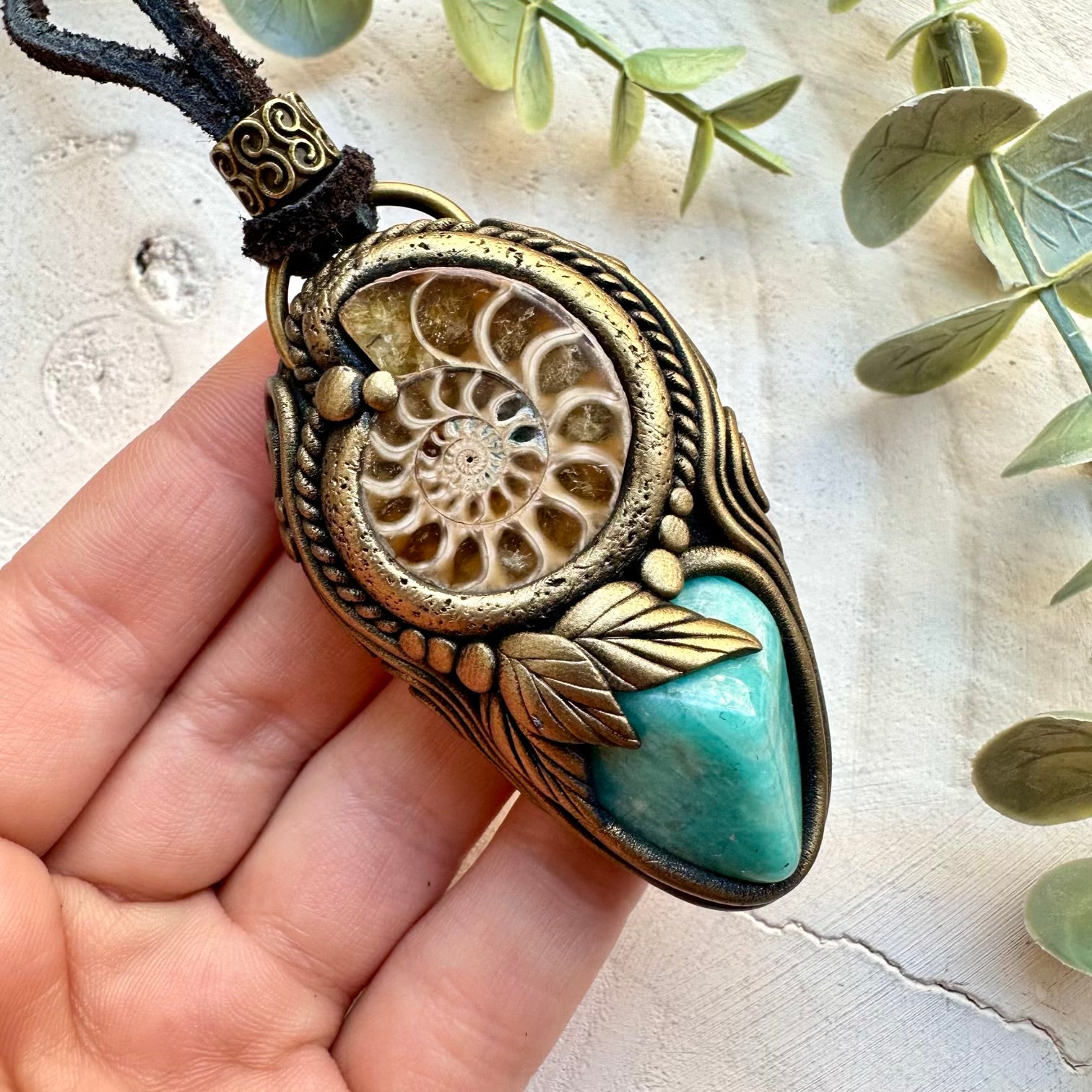 Ammonite Fossil and Amazonite Pendant Necklace