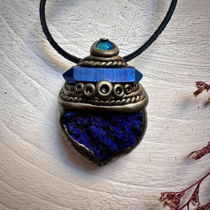 Azurite with Cobalt Aura Quartz and Black Australian Opal Pendant Necklace - FairyGardenGlow