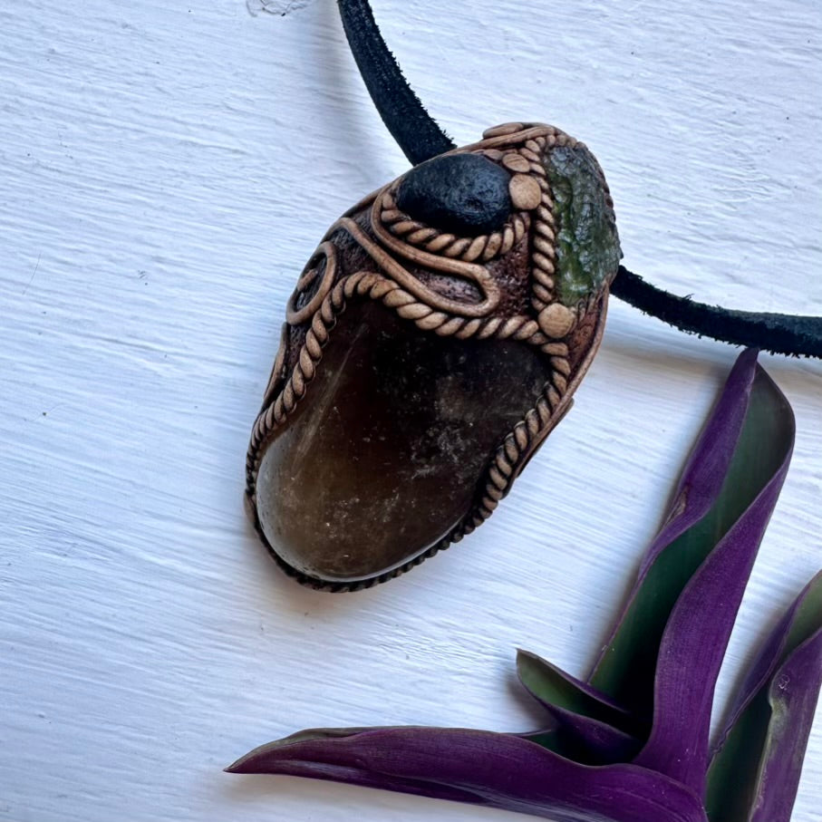 Citrine Moldavite and Black Tektite Necklace, Healing Crystal Jewelry - FairyGardenGlow