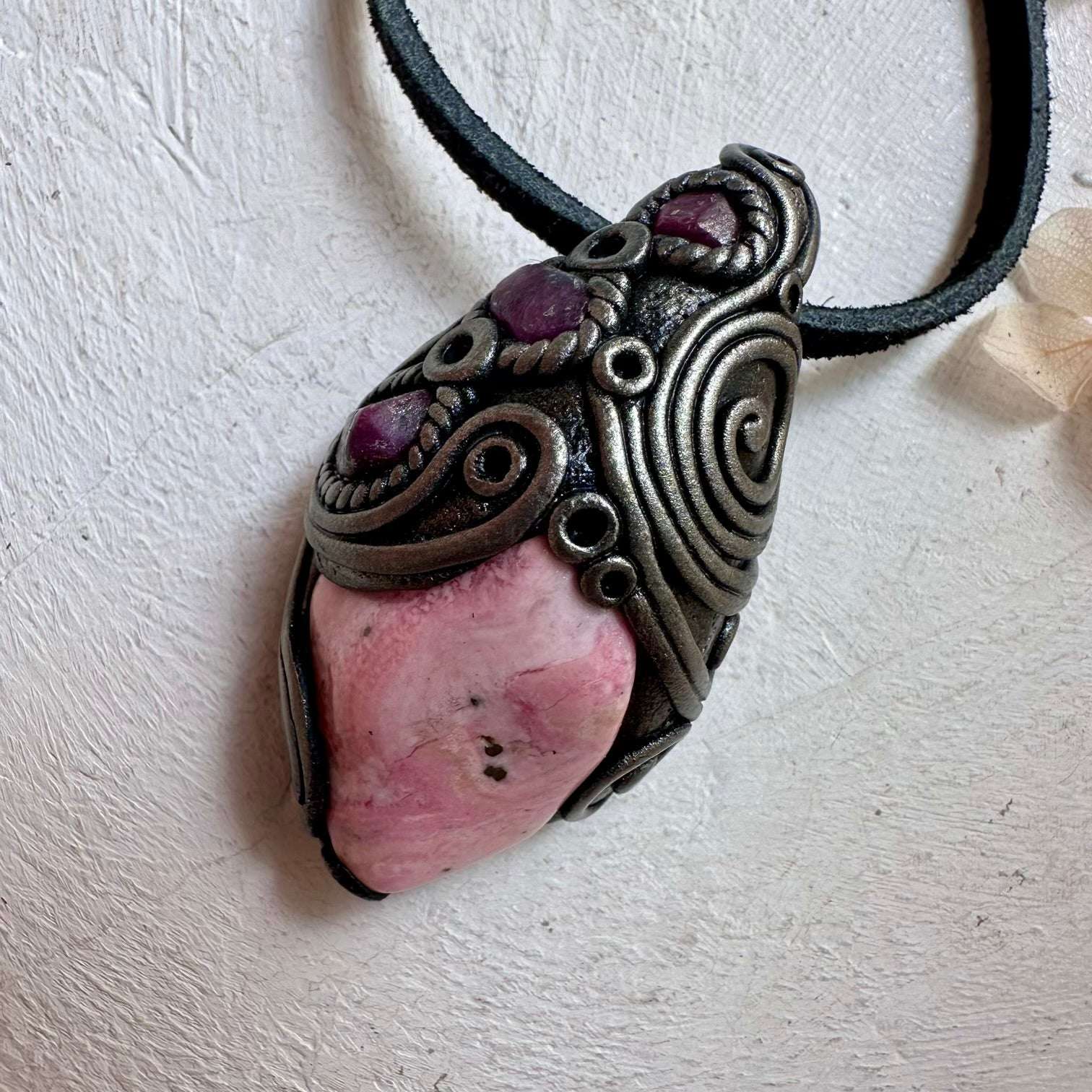 Peruvian Rhodonite and Ruby Crystal Necklace - FairyGardenGlow