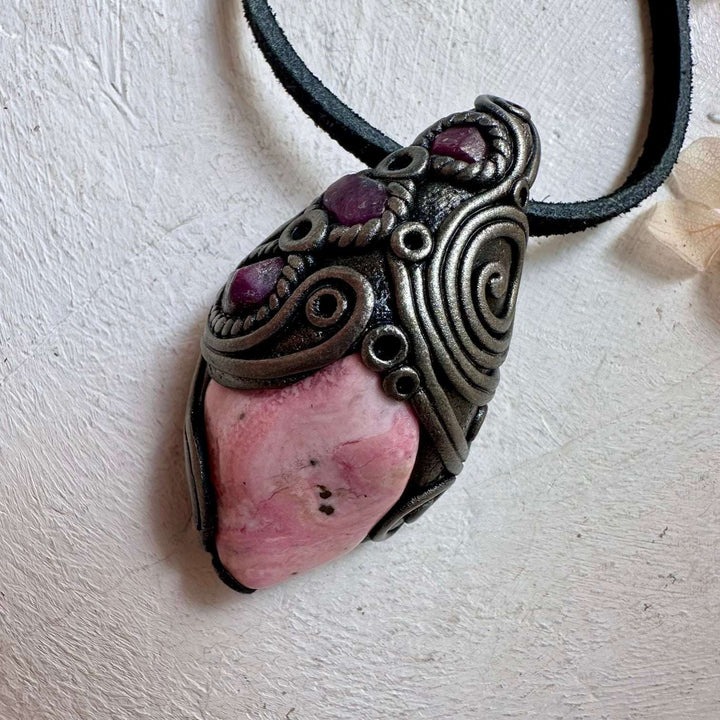 Peruvian Rhodonite and Ruby Crystal Necklace - FairyGardenGlow