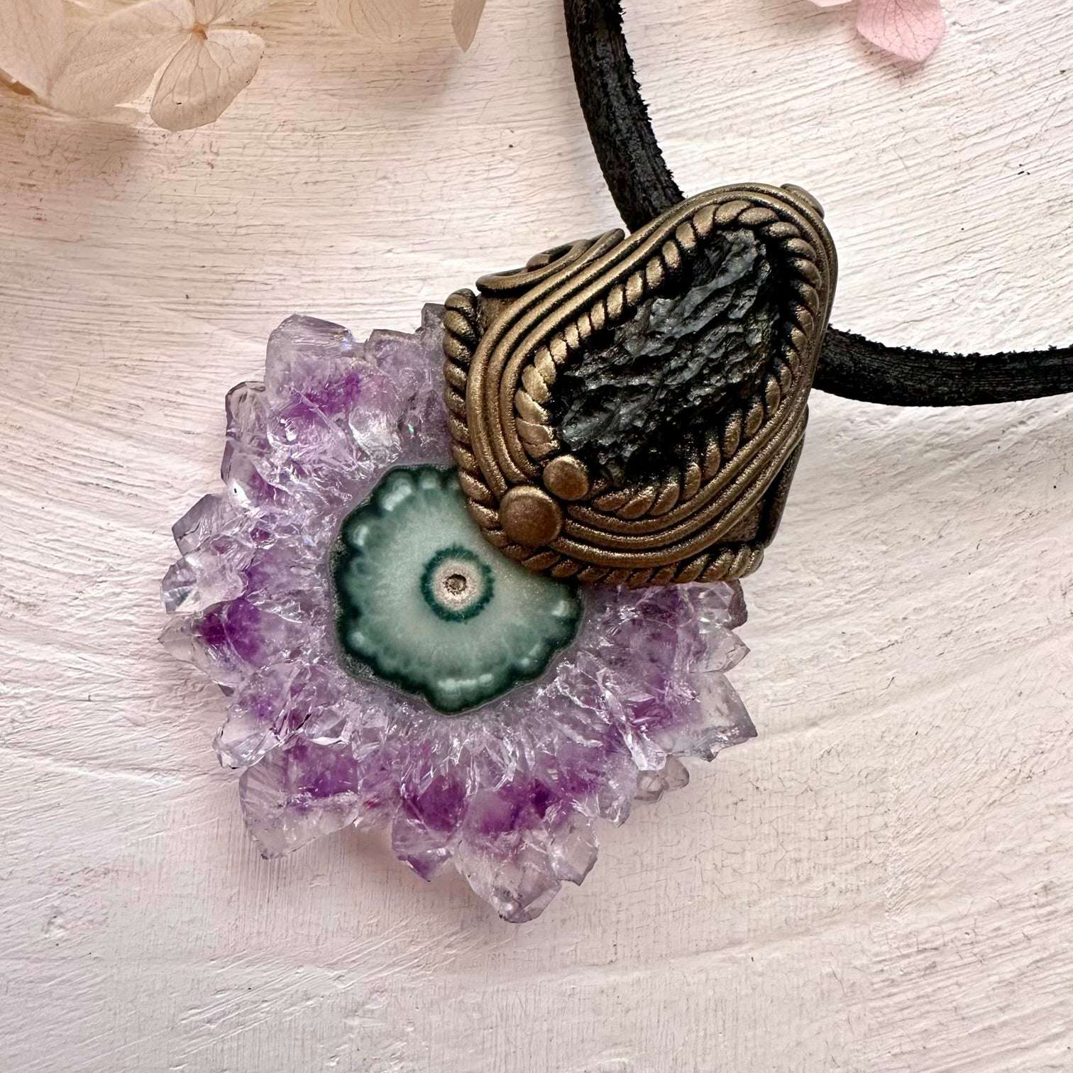 Amethyst Stalactite and Raw Moldavite Pendant Necklace - FairyGardenGlow