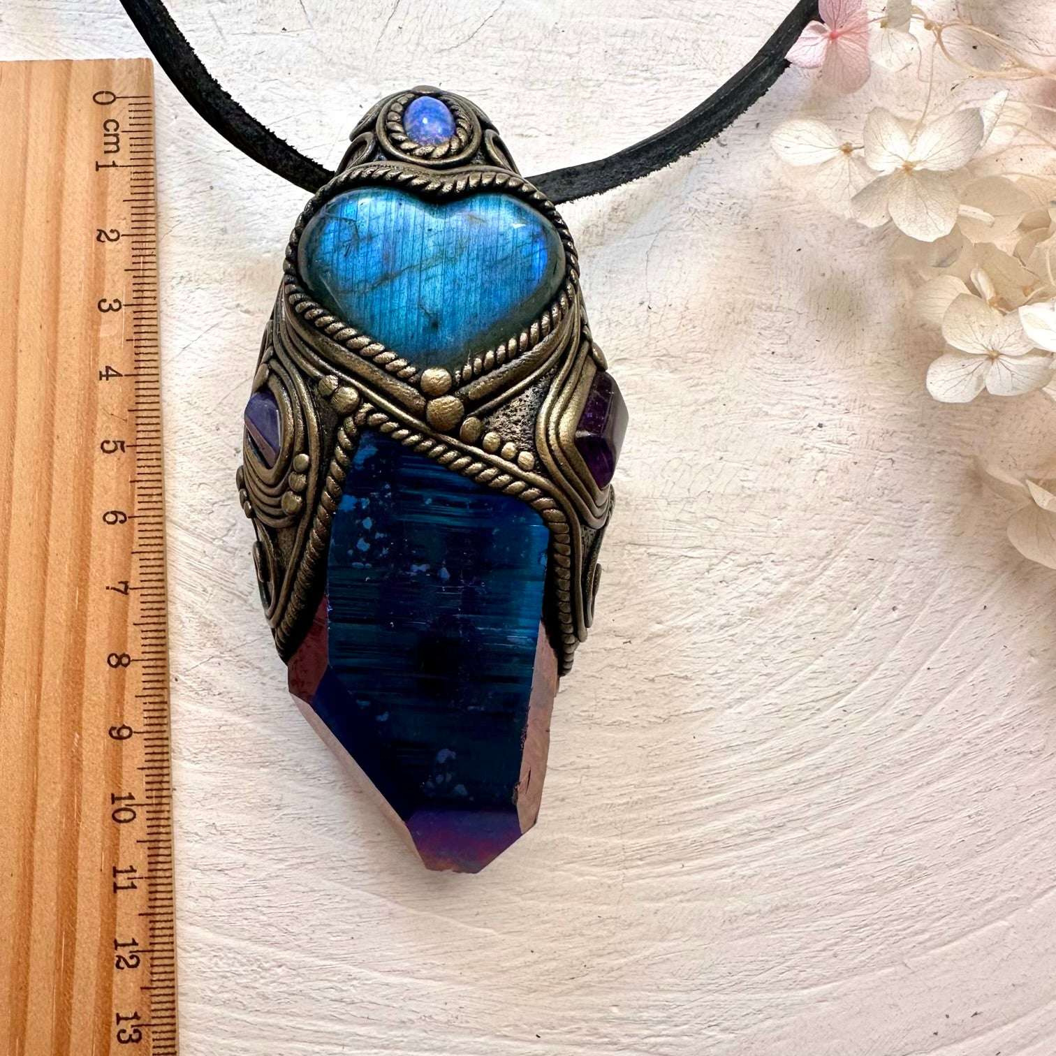 Cobalt Aura Quartz, Blue Labradorite Heart, Tanzanite, Amethyst and Australian Opal Crystal Wand / Unique Crystal Pendant - FairyGardenGlow