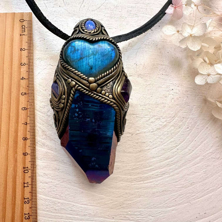 Cobalt Aura Quartz, Blue Labradorite Heart, Tanzanite, Amethyst and Australian Opal Crystal Wand / Unique Crystal Pendant - FairyGardenGlow