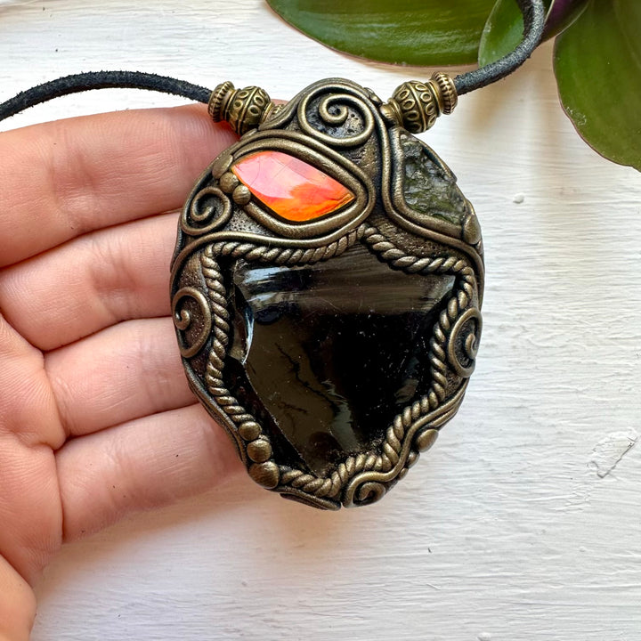 Black Obsidian Ammolite and Moldavite Necklace - FairyGardenGlow