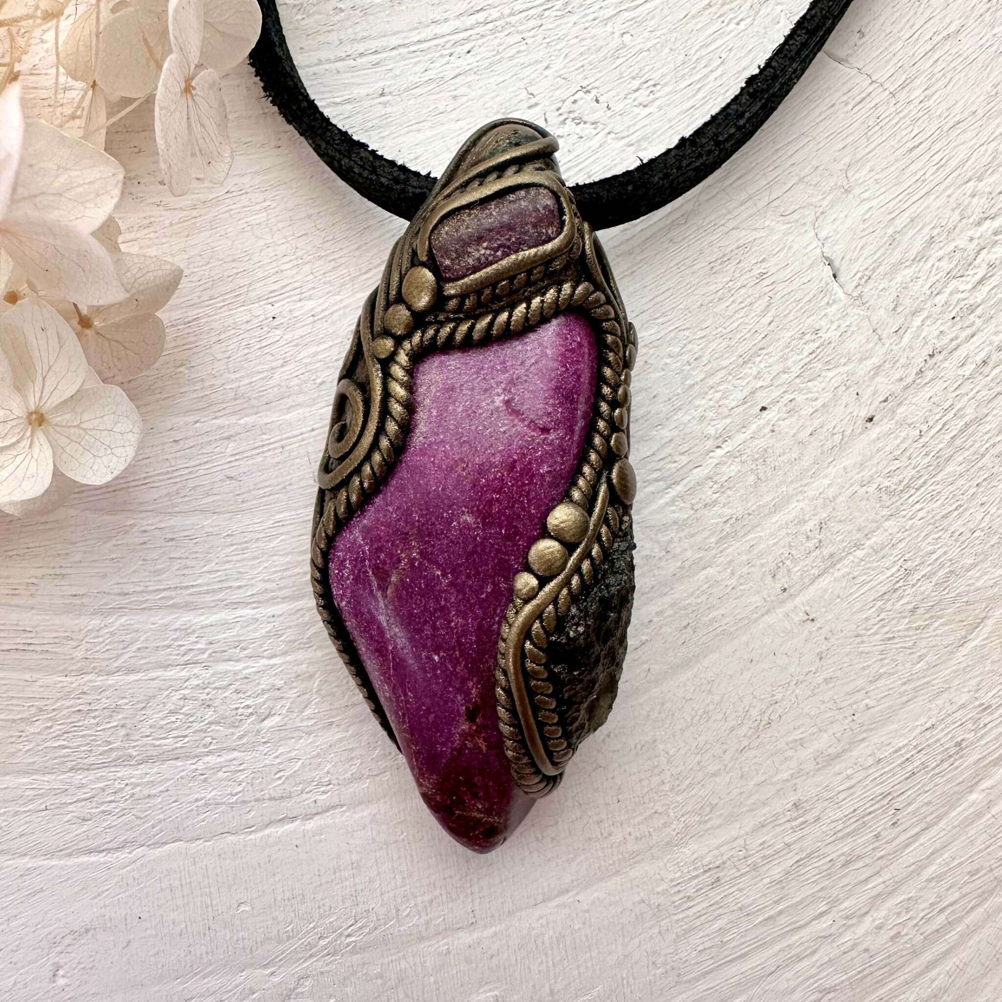 Stichtite Moldavite and Ruby Pendant, Handmade Crystal Jewelry - FairyGardenGlow