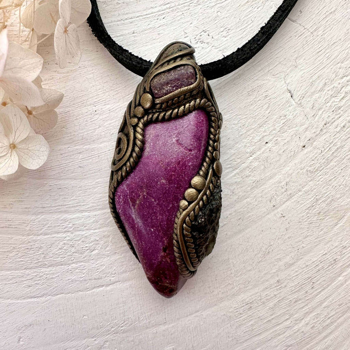Stichtite Moldavite and Ruby Pendant, Handmade Crystal Jewelry - FairyGardenGlow