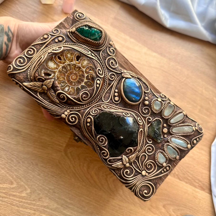 Wooden Box decorated with Crystals, Unique Handmade Tarot Box, Jewelry Box - Home Decor / Ammonite, Black Obsidian, Labradorite, Dioptase, Moldavite and Aquamarine - FairyGardenGlow