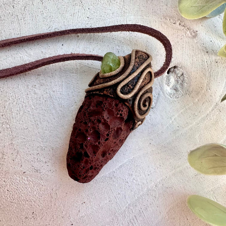 Peridot necklace with Red Lava Stone beads and pendant