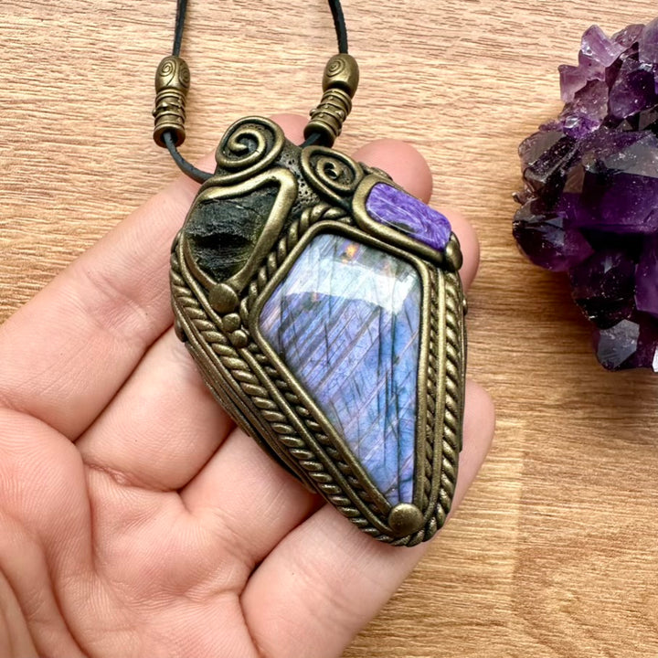 Purple Labradorite Moldavite and Charoite Necklace - FairyGardenGlow