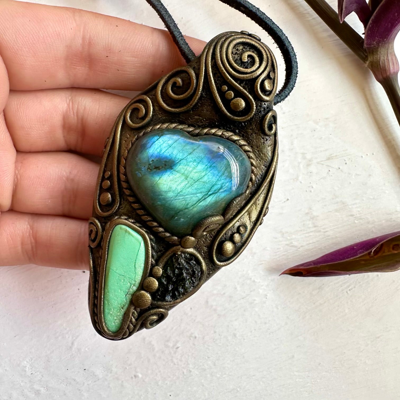Labradorite Heart Chrysoprase and Moldavite Necklace - FairyGardenGlow