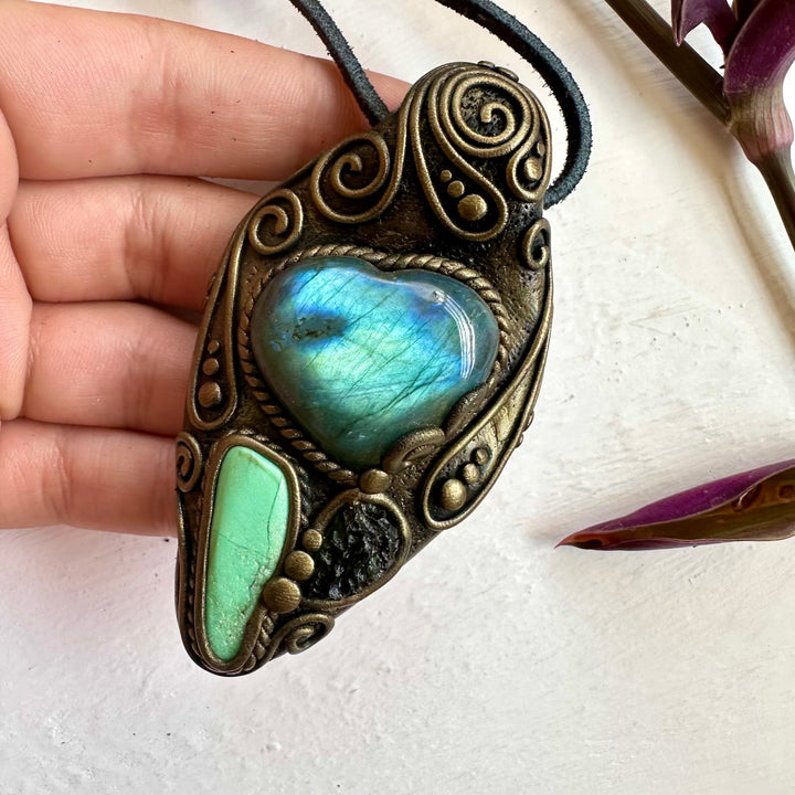 Labradorite Heart Chrysoprase and Moldavite Necklace - FairyGardenGlow