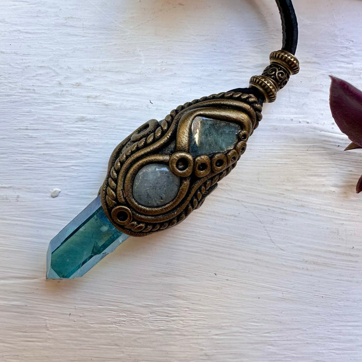 Aqua Aura Quartz Blue Tourmaline and Aquamarine Necklace - FairyGardenGlow