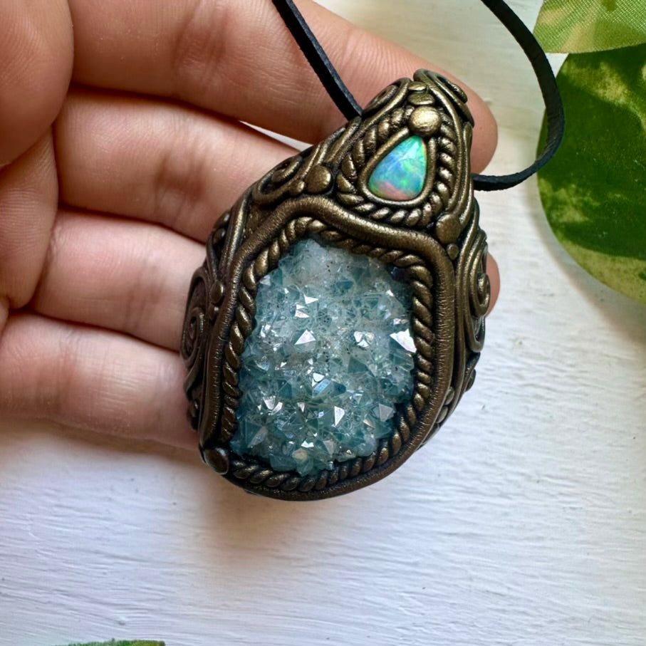 Aqua Aura Quartz Cluster and Australian Opal Necklace - FairyGardenGlow