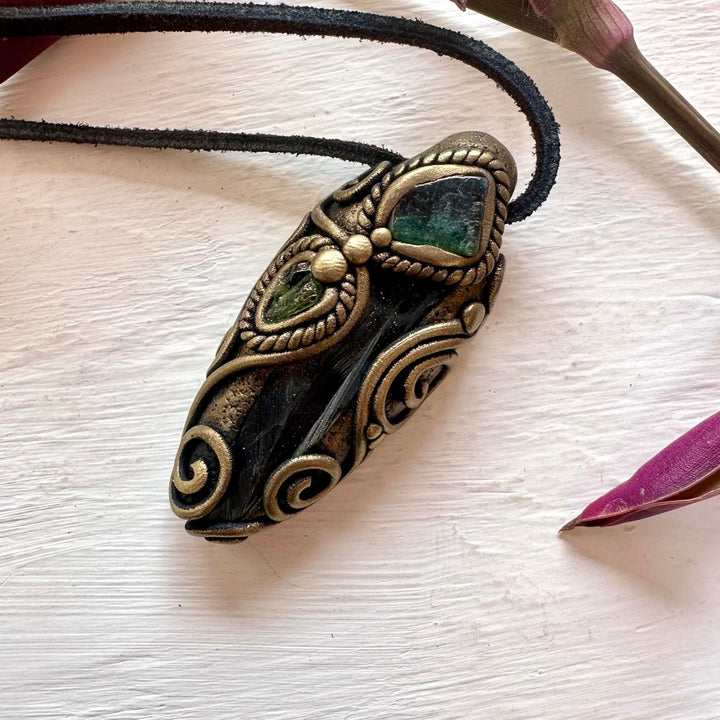 Vivianite Blue-Green Tourmaline and Moldavite Pendant Necklace - FairyGardenGlow