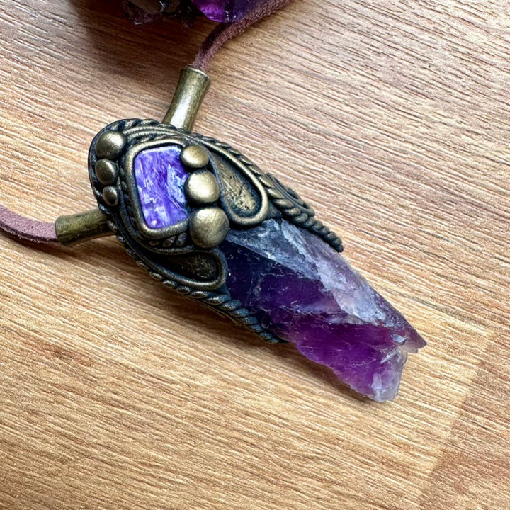 Raw Purple Fluorite and Charoite Pendant Necklace, Spiritual Handmade Jewelry - FairyGardenGlow
