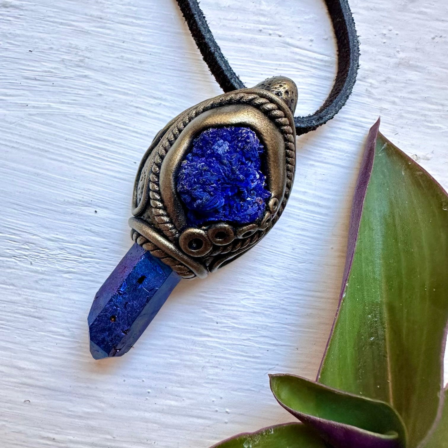 Cobalt Aura Quartz and Azurite Necklace, Healing Crystal Jewelry