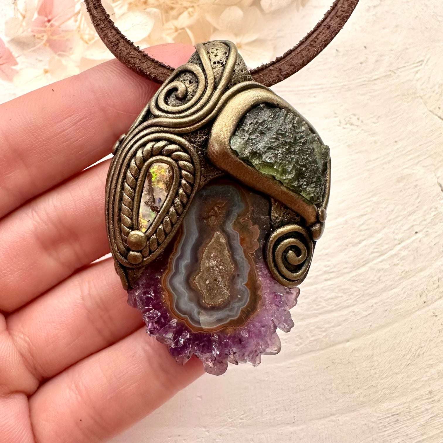 Amethyst Stalactite Moldavite and Boulder Opal Pendant, Handmade Crystal Necklace - FairyGardenGlow