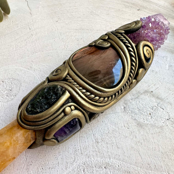 Unique artisan crystal wand featuring Purple Spirit Quartz, Labradorite, Amethyst, Golden Healer and Moldavite.