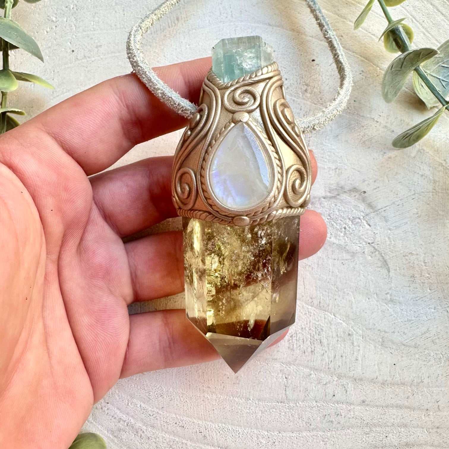Protection amulet crystal wand with citrine aquamarine and rainbow moonstone