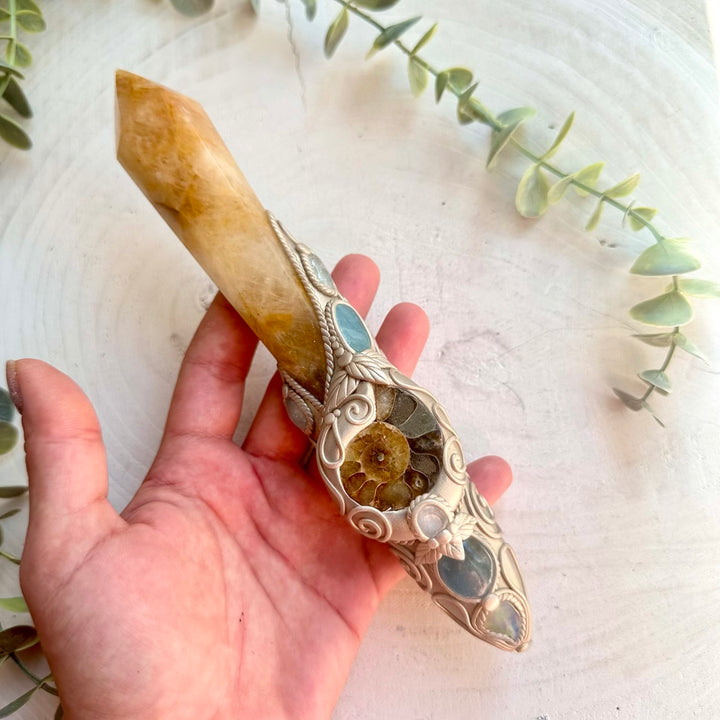 Crystal healing tool with Aquamarine Celestite and Blue Topaz for clarity and emotional balance