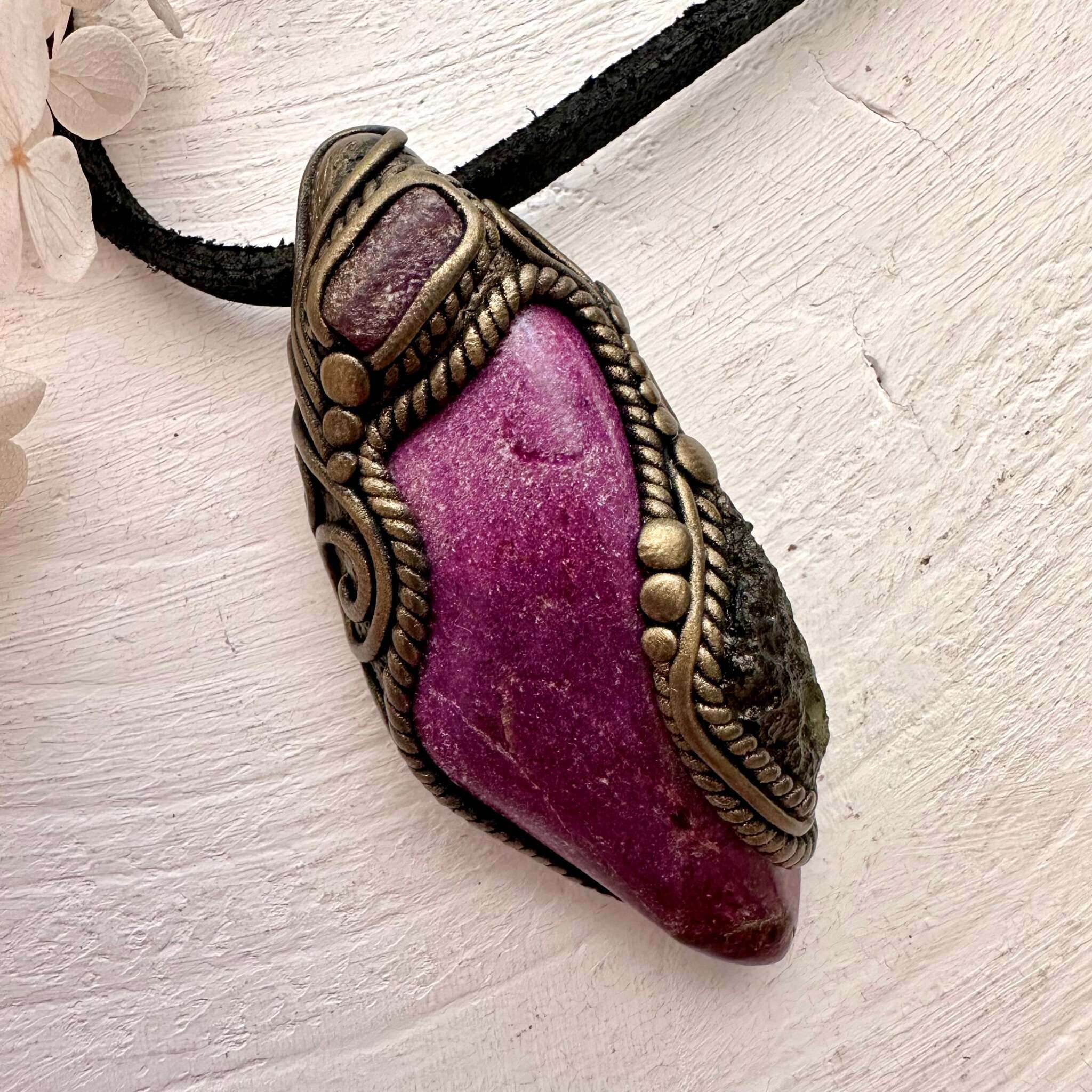 Stichtite Moldavite and Ruby Pendant, Handmade Crystal Jewelry - FairyGardenGlow