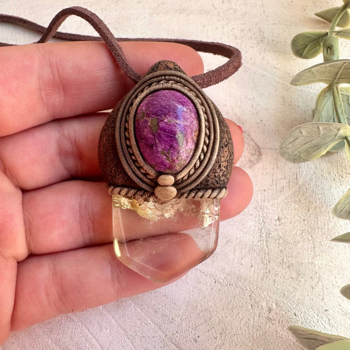Metaphysical necklace with Citrine and purple Stichtite crystal