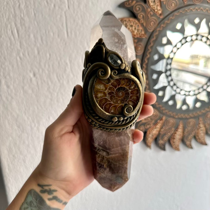 Powerful handmade crystal wand with Super Seven and Lemurian Quartz