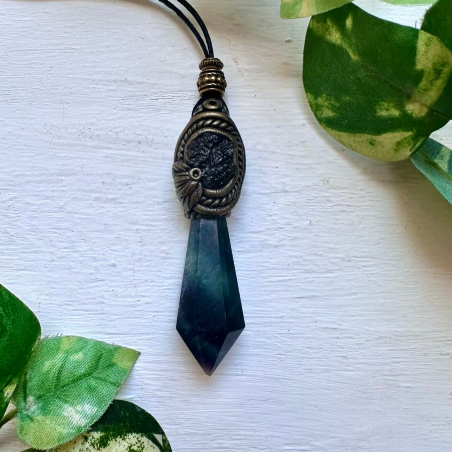 Blue Rainbow Fluorite and Moldavite Pendant Necklace - FairyGardenGlow