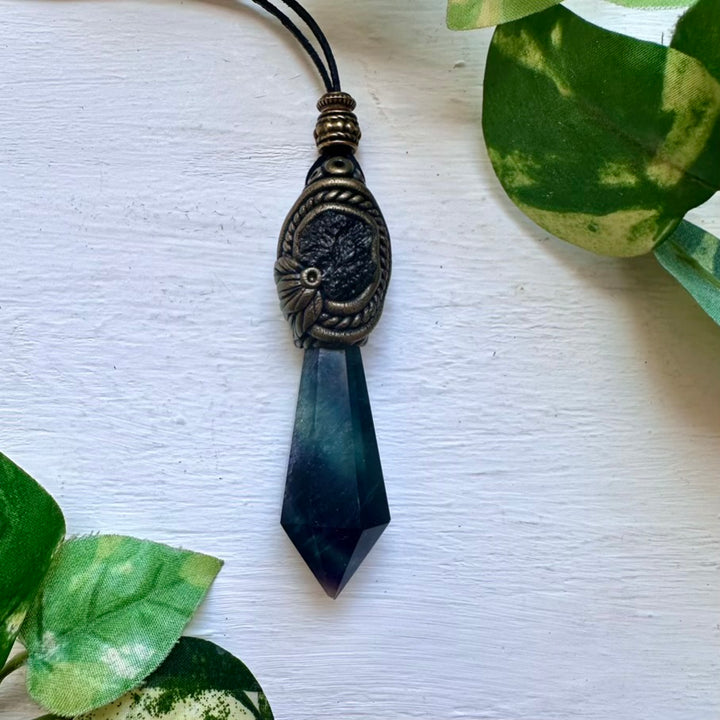 Blue Rainbow Fluorite and Moldavite Pendant Necklace - FairyGardenGlow