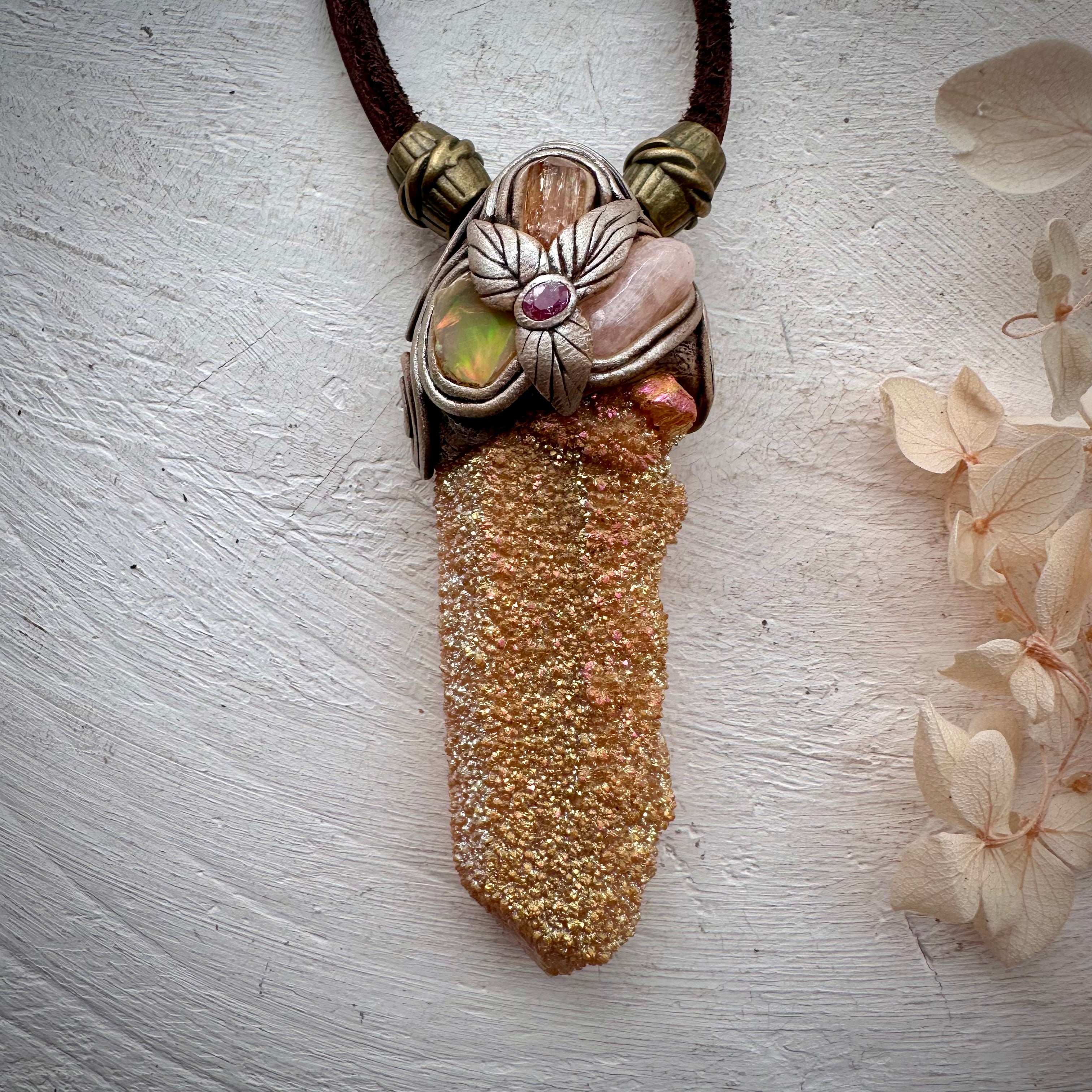 Sunset Aura Spirit Quartz Morganite Imperial Topaz Ethiopian Opal and Ruby Pendant Necklace - FairyGardenGlow