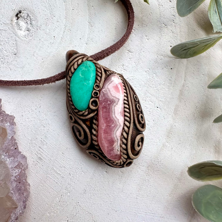 Pink rhodochrosite paired with green chrysoprase pendant