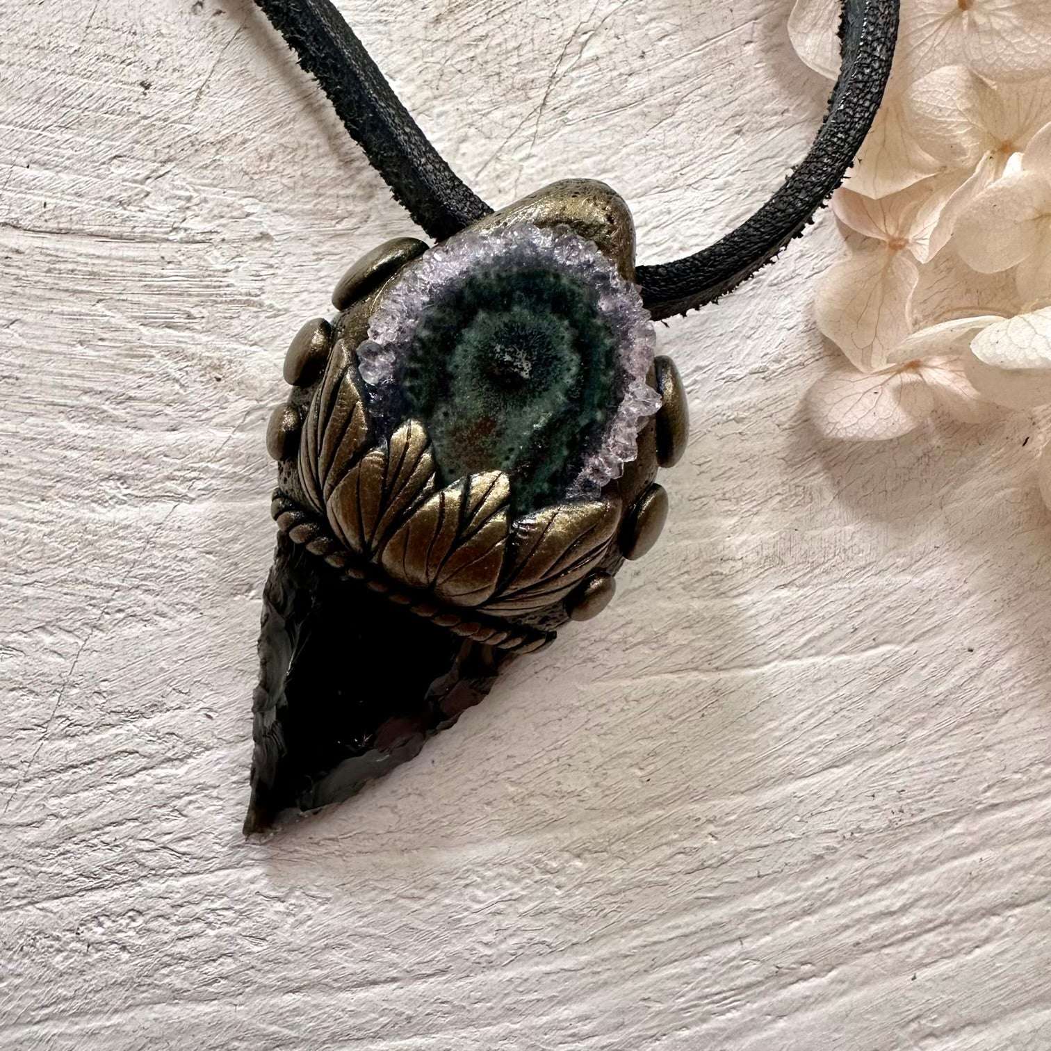 Black Obsidian Arrowhead and Amethyst Stalactite Necklace - FairyGardenGlow