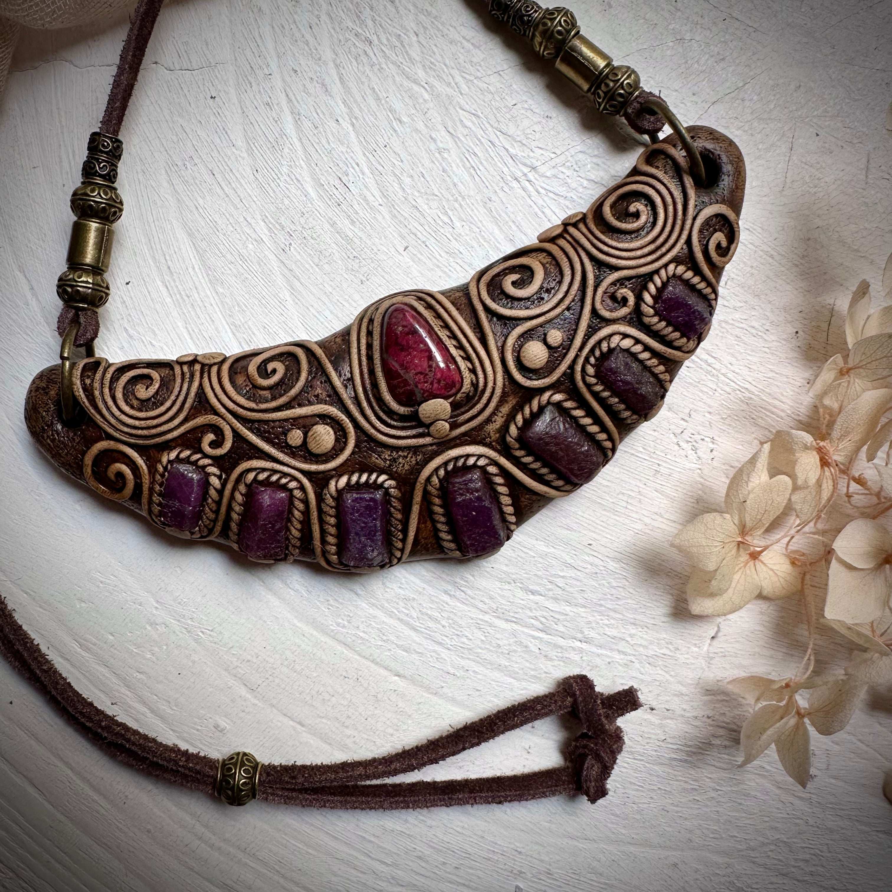 Thulite and Ruby Statement Necklace - FairyGardenGlow