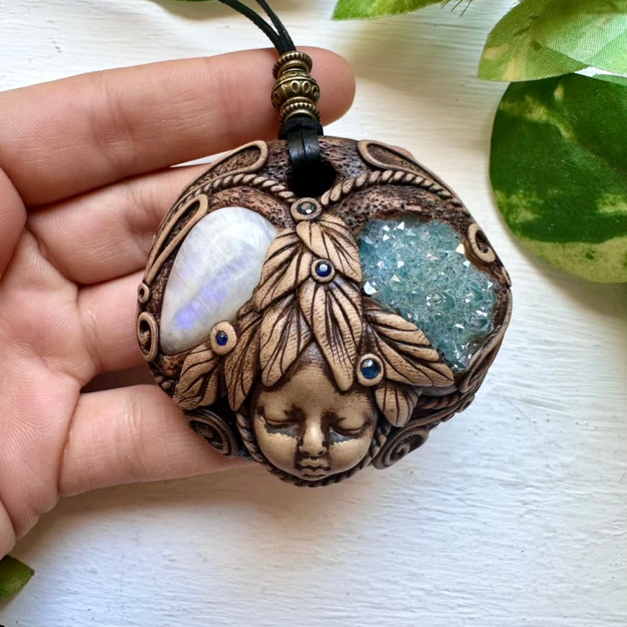 Handmade Goddess Crystal Necklace with Aqua Aura Quartz Moonstone and Blue Sapphire - FairyGardenGlow