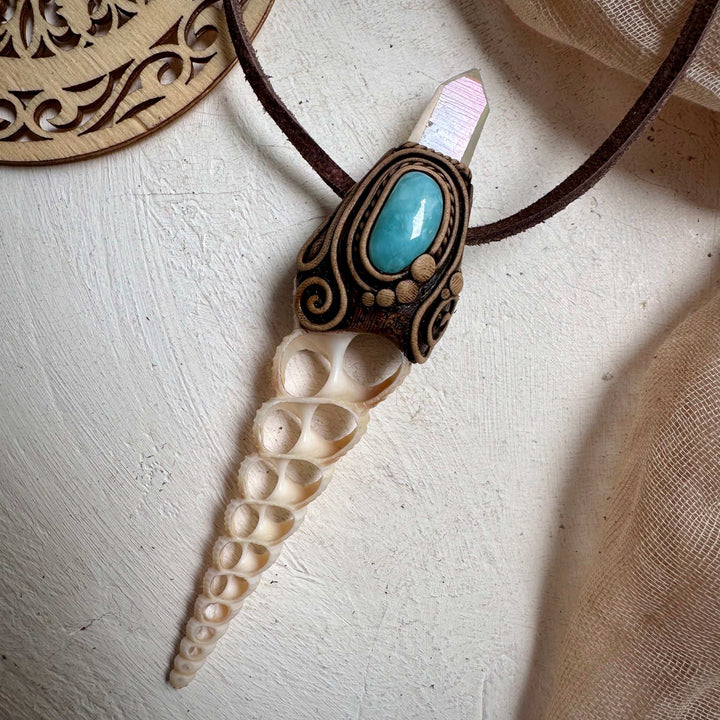 Seashell Slice Angel Aura Quartz and Larimar Necklace - FairyGardenGlow