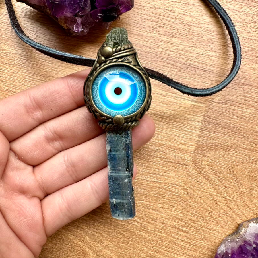 Blue Kyanite and Moldavite Evil Eye Protection Amulet, Handmade Crystal Necklace - FairyGardenGlow