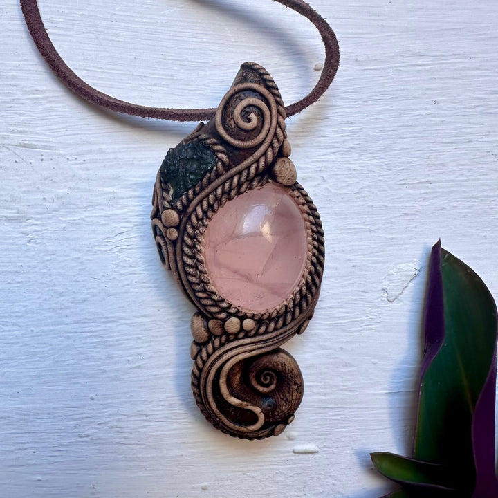 Rose Quartz and Moldavite Pendant Necklace - FairyGardenGlow