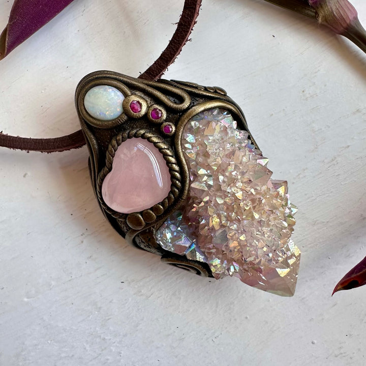Angel Aura Spirit Quartz Rose Quartz Heart Australian Opal and Ruby Wand / Necklace - FairyGardenGlow