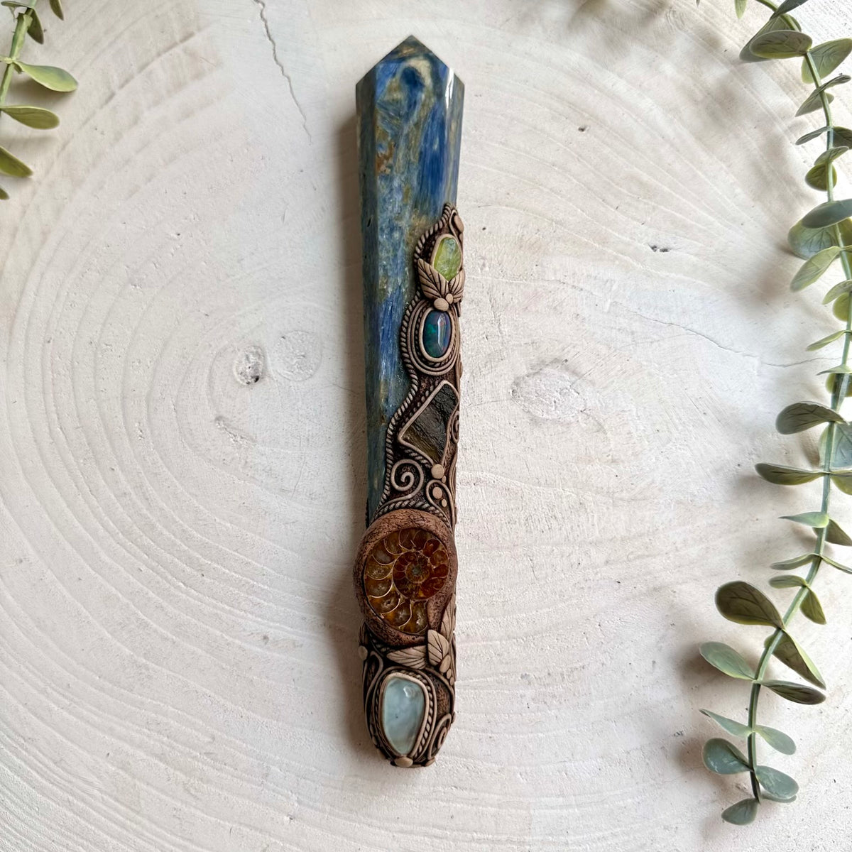 Blue Kyanite Crystal Wand with Ammonite, Aquamarine, Raw Moldavite, Black Ethiopian Opal and Peridot