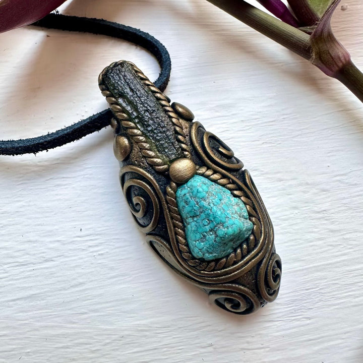 Turquoise and Moldavite Pendant Necklace - FairyGardenGlow