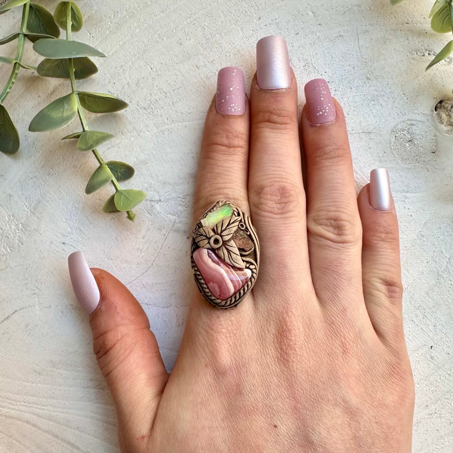 Rhodochrosite with Raw Ethiopian Opal and Red Garnet Ring